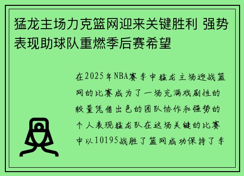 猛龙主场力克篮网迎来关键胜利 强势表现助球队重燃季后赛希望