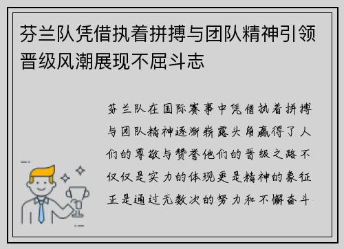 芬兰队凭借执着拼搏与团队精神引领晋级风潮展现不屈斗志