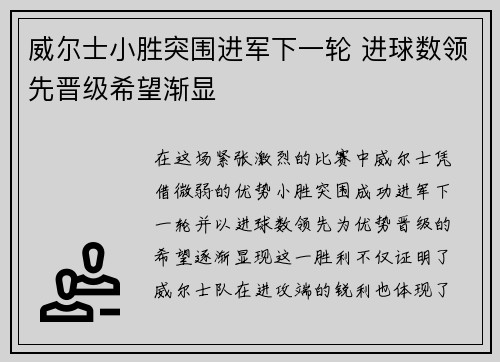 威尔士小胜突围进军下一轮 进球数领先晋级希望渐显