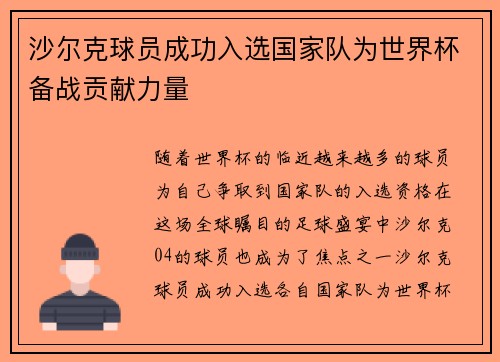 沙尔克球员成功入选国家队为世界杯备战贡献力量